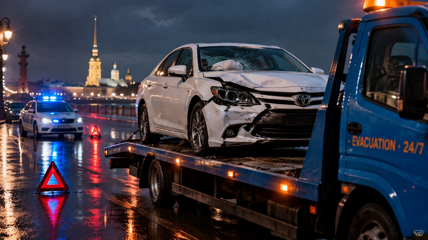 Битая Toyota Camry на платформе эвакуатора ночью в центре СПб, полиция и аварийный треугольник