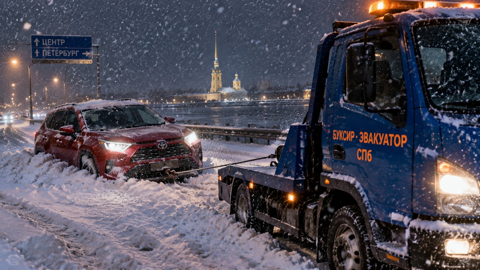 Красный кроссовер Toyota в снегу, эвакуатор с лебёдкой вытаскивает на набережной СПб